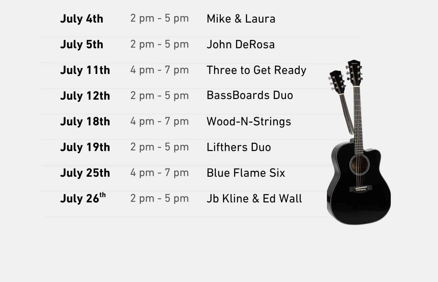 Live Music event flyer on a dark blue background with June performance dates and band names listed.