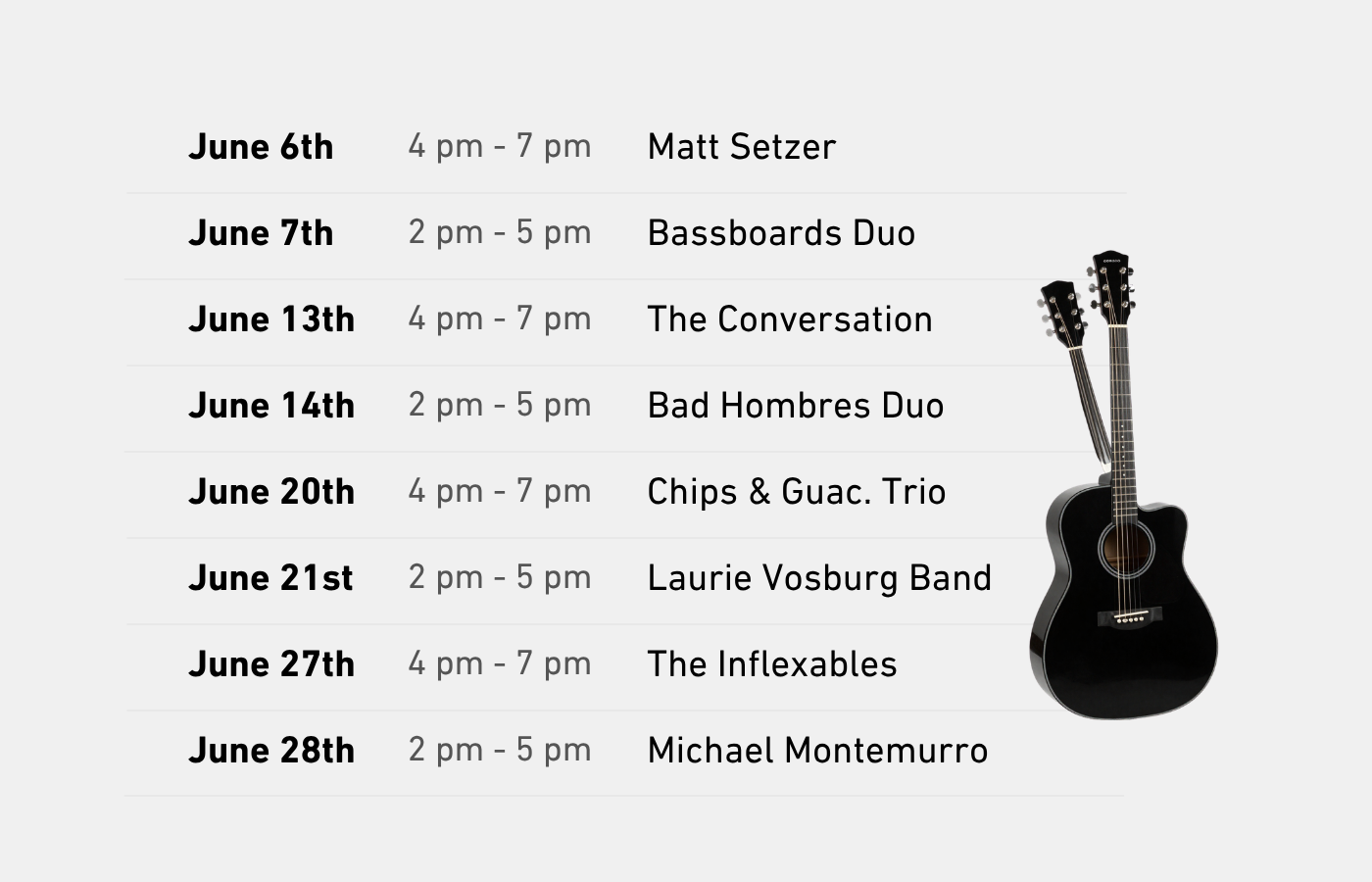 Live Music event flyer on a dark blue background with June performance dates and band names listed.
