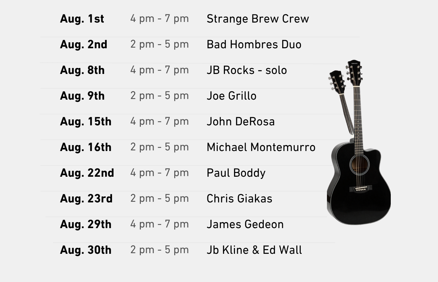 Live Music event flyer on a dark blue background with June performance dates and band names listed.