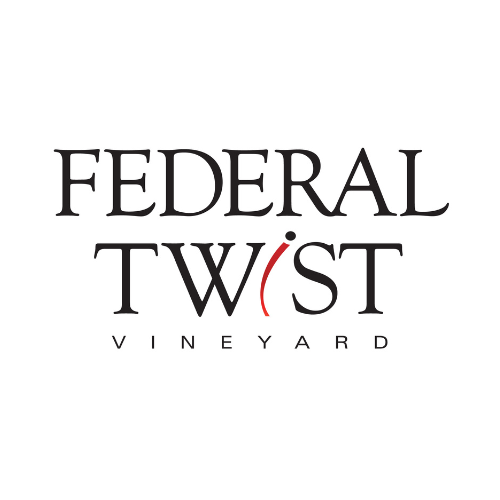 Logo for Federal Twist Vineyard with red initials and a wine glass shape.