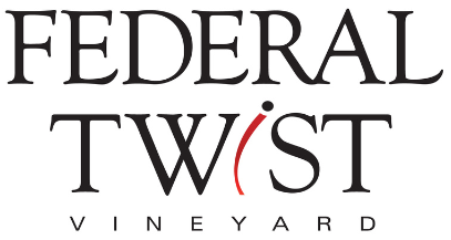 Logo for Federal Twist Vineyard with red initials and a wine glass shape.