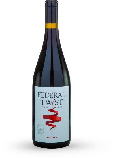 Bottle of Federal Twist Vineyard red wine with a red ribbon on the label.