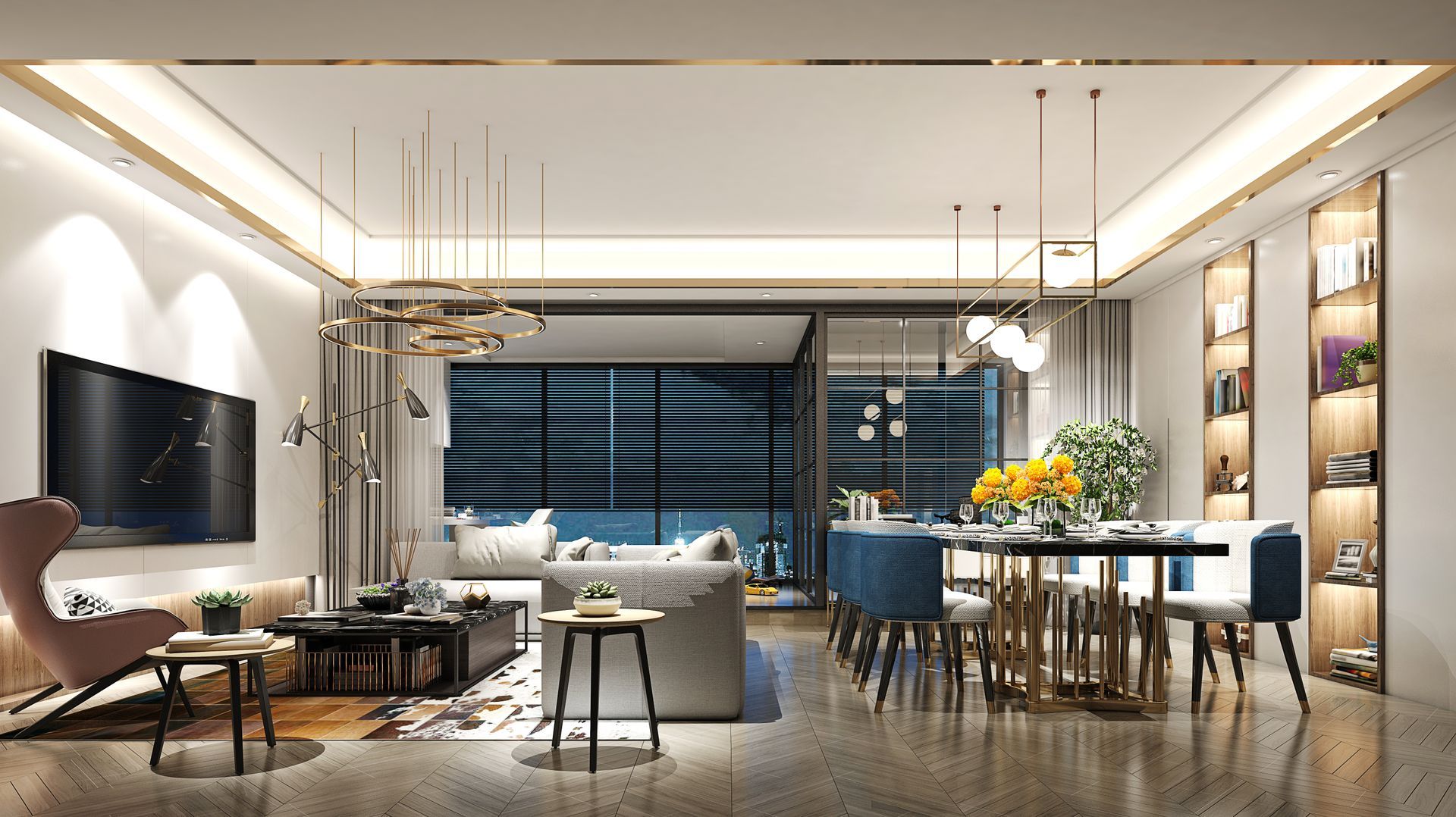 Modern living room and dining area with furniture, decor, and large windows.