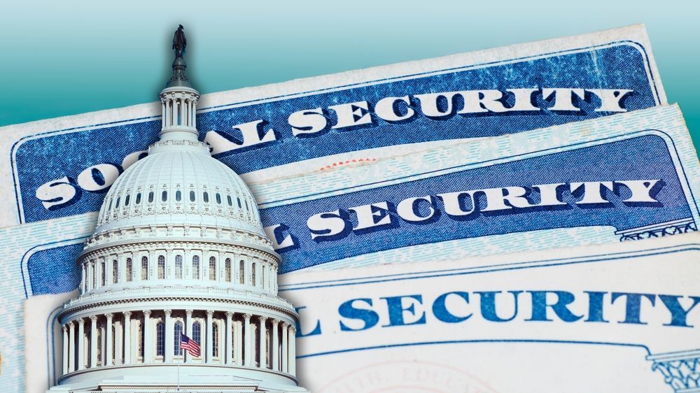 U.S. Capitol building with Social Security cards in front, turquoise background.