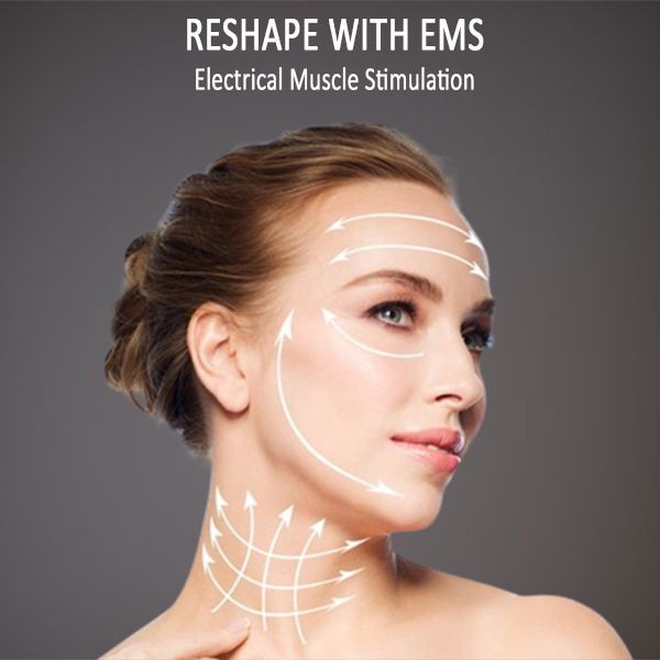 A woman with a few arrows showing ems face sculpting