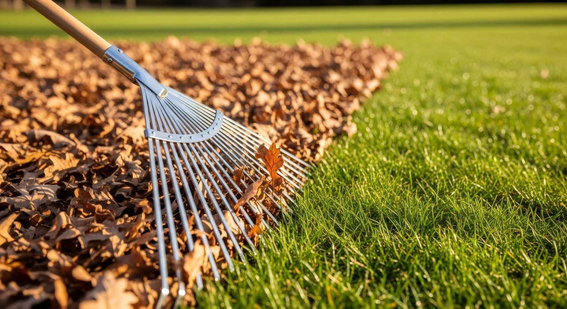 A metal garden rake clearing brown autumn leaves from a vibrant green lawn. A metal garden rake clearing brown autumn leaves from a vibrant green lawn.