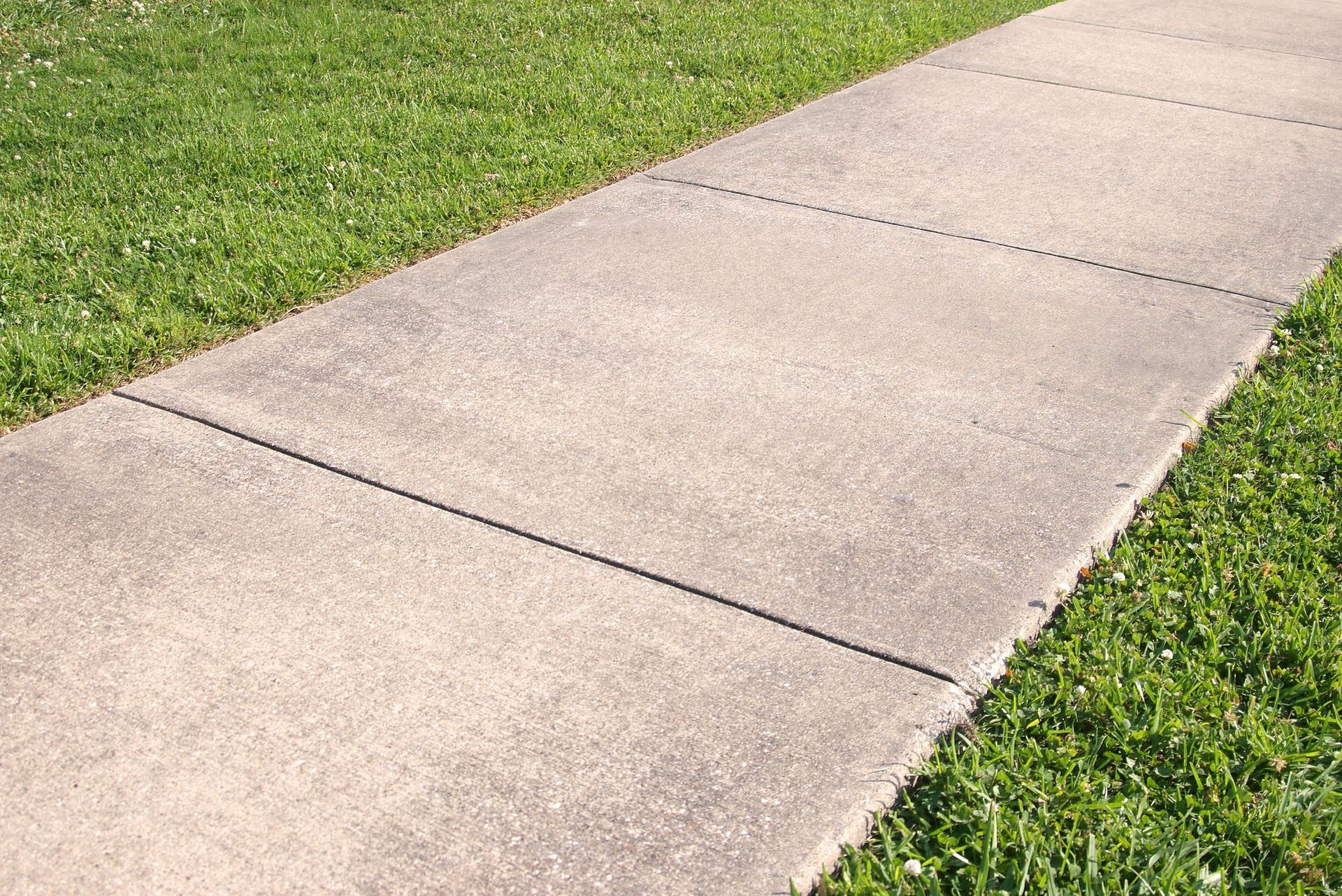 A gray concrete sidewalk runs diagonally through the frame, bordered by green grass on both sides.
