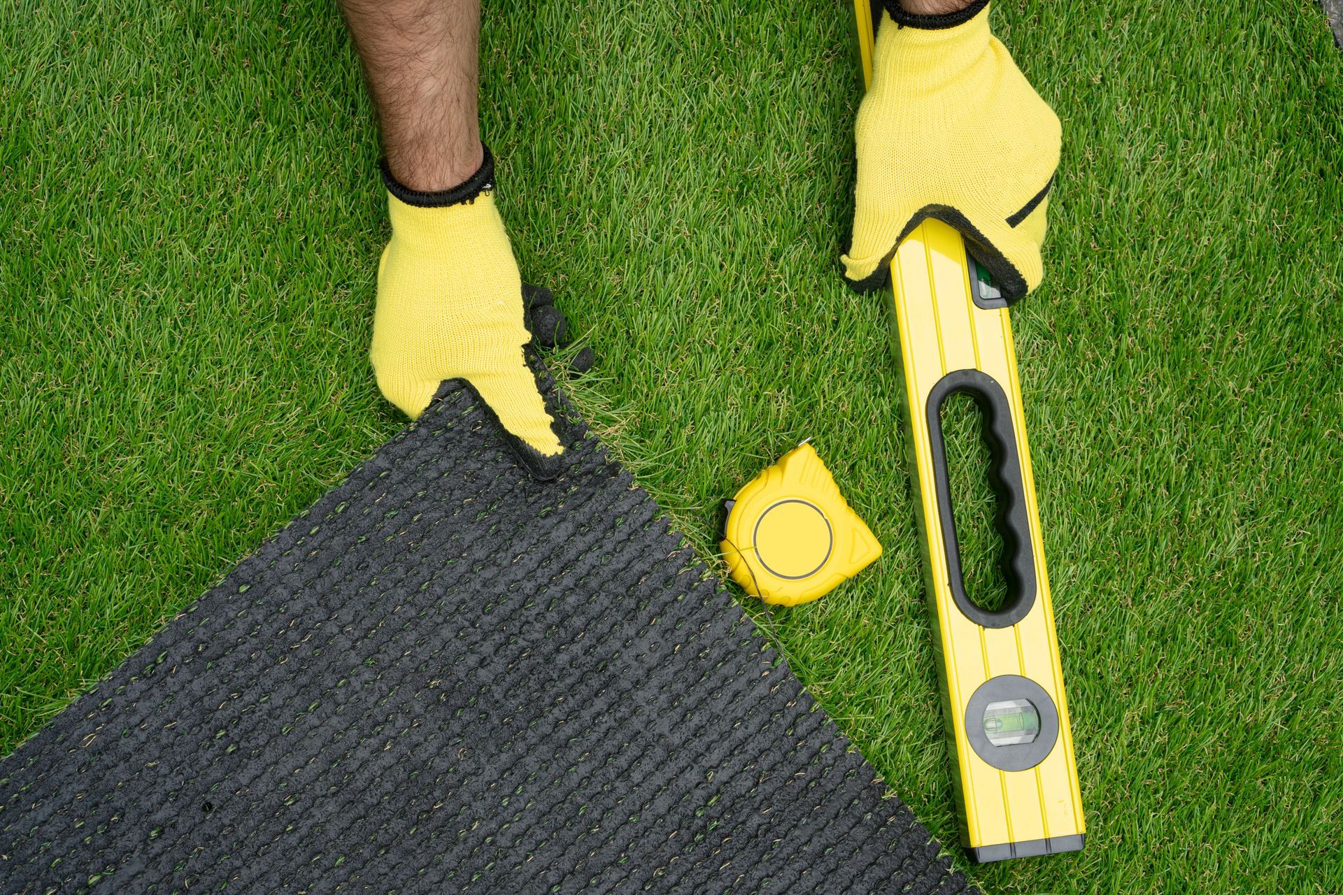 A person wearing yellow gloves aligns a grey carpet square on green artificial turf with a yellow level and tape measure.