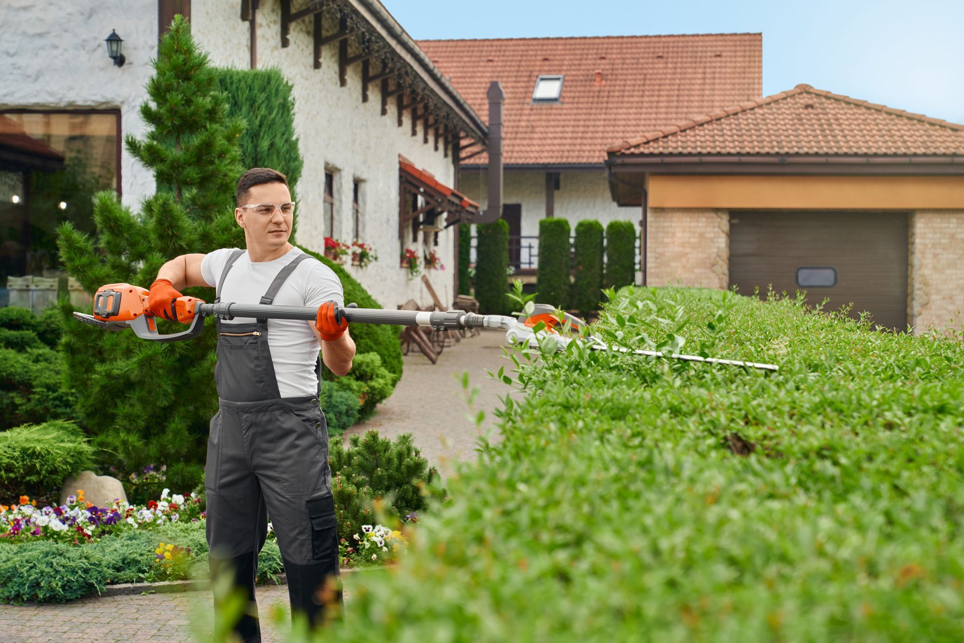 A person in work coveralls uses a long-reach pole hedge trimmer to trim a large green hedge in a residential garden.
