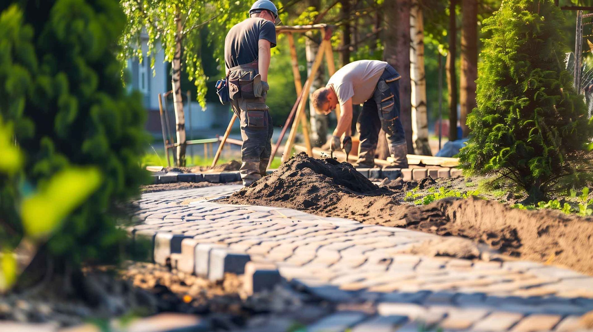 Two workers in a sunny, wooded outdoor setting install a grey, patterned stone walkway. Two workers in a sunny, wooded outdoor setting install a grey, patterned stone walkway.