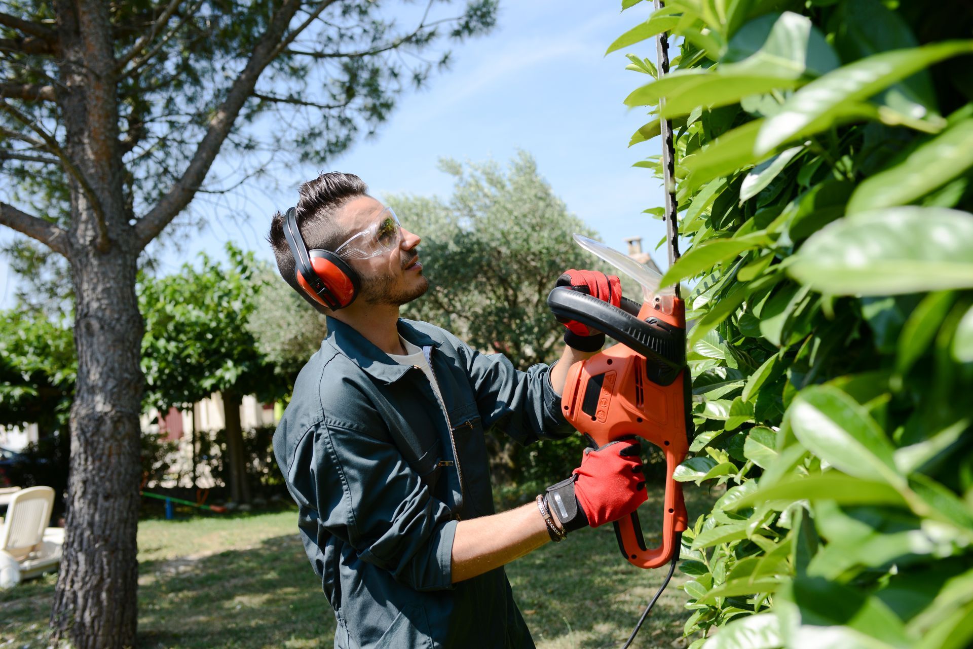 A worker wearing protective gear uses a red electric hedge trimmer to shape a green garden hedge on a sunny day.