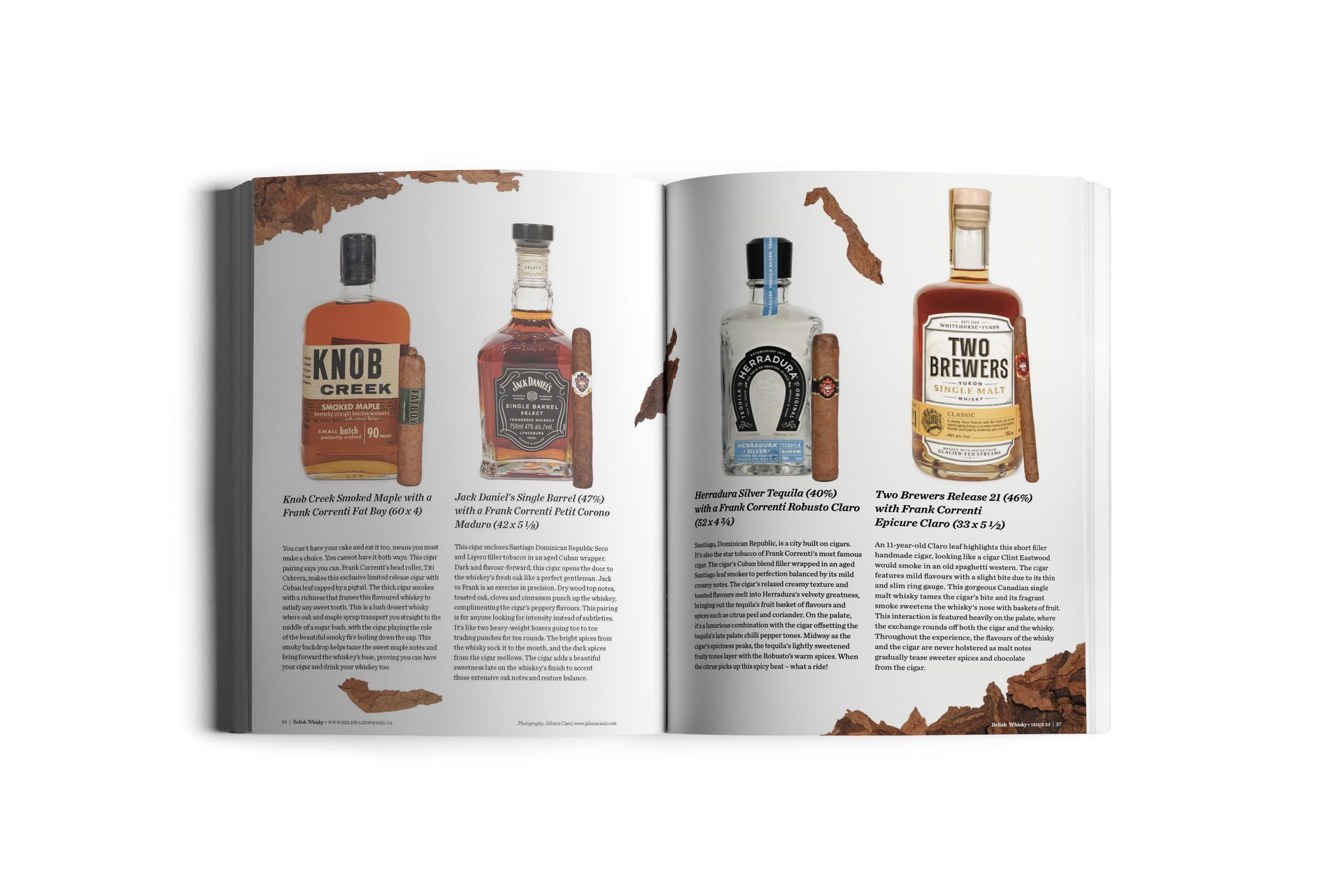 Two-page spread in a magazine showing bottles of bourbon and tequila with cigars and tasting notes.