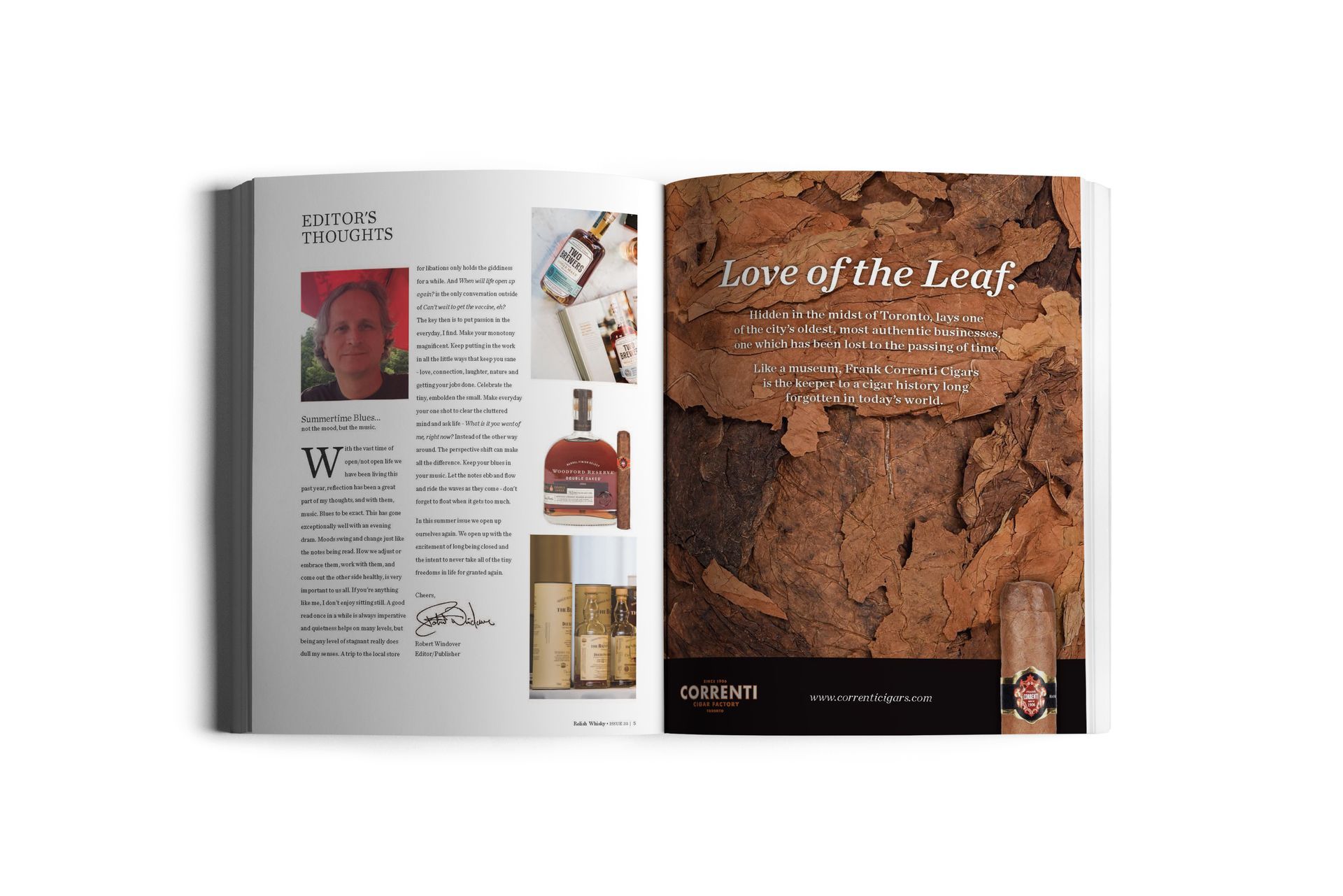 Magazine spread: left page features text and product shots; right page displays close-up tobacco leaf and cigar ad.