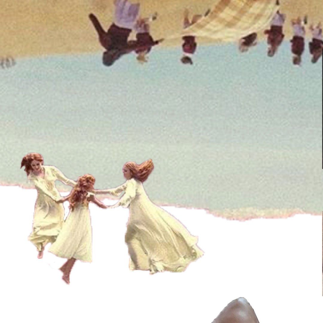 Three figures in yellow dresses dancing, with figures in black above.