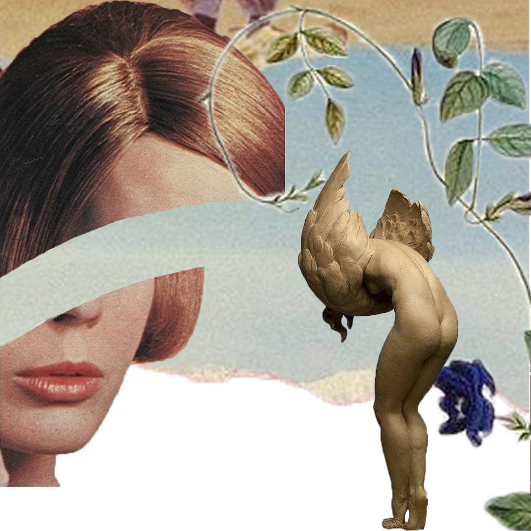 Collage of a woman's face, nude statue with wings, and vine with blue flowers, set against a light blue backdrop.