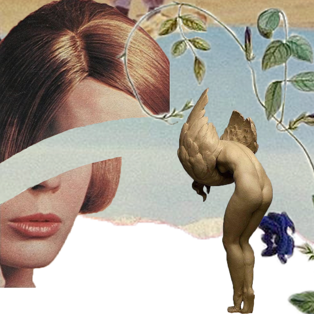 A collage of a woman's face and a statue.