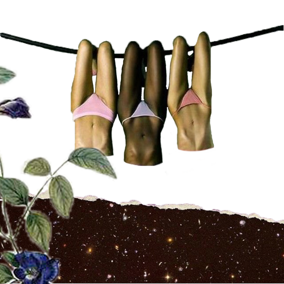 Three torsos in underwear hang upside down on a clothesline; a dark night sky background.