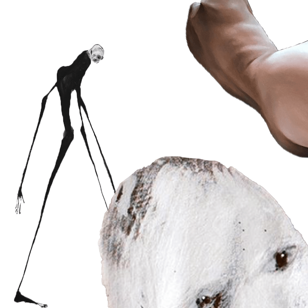 Abstract artwork: tall, thin black figure; human foot; white, textured face.