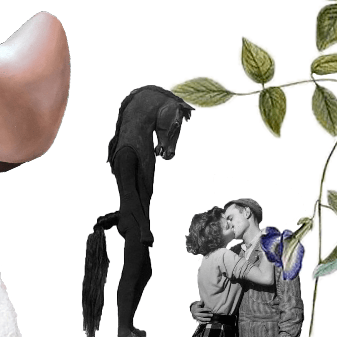 Collage: Black horse statue, kissing couple, and green leaves.