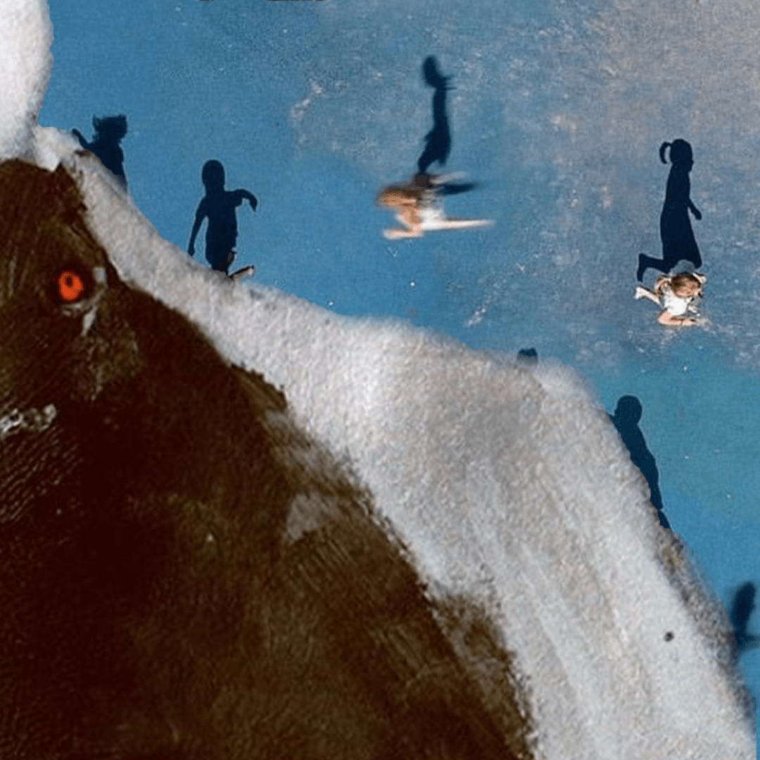 A dark, furry beast with a red eye watches children's shadows playing on a blue and white surface.