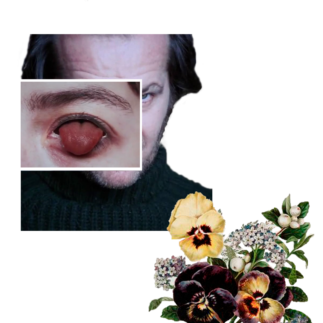 Man's face with eye open, tongue exposed. Flowers in the corner with a white border.