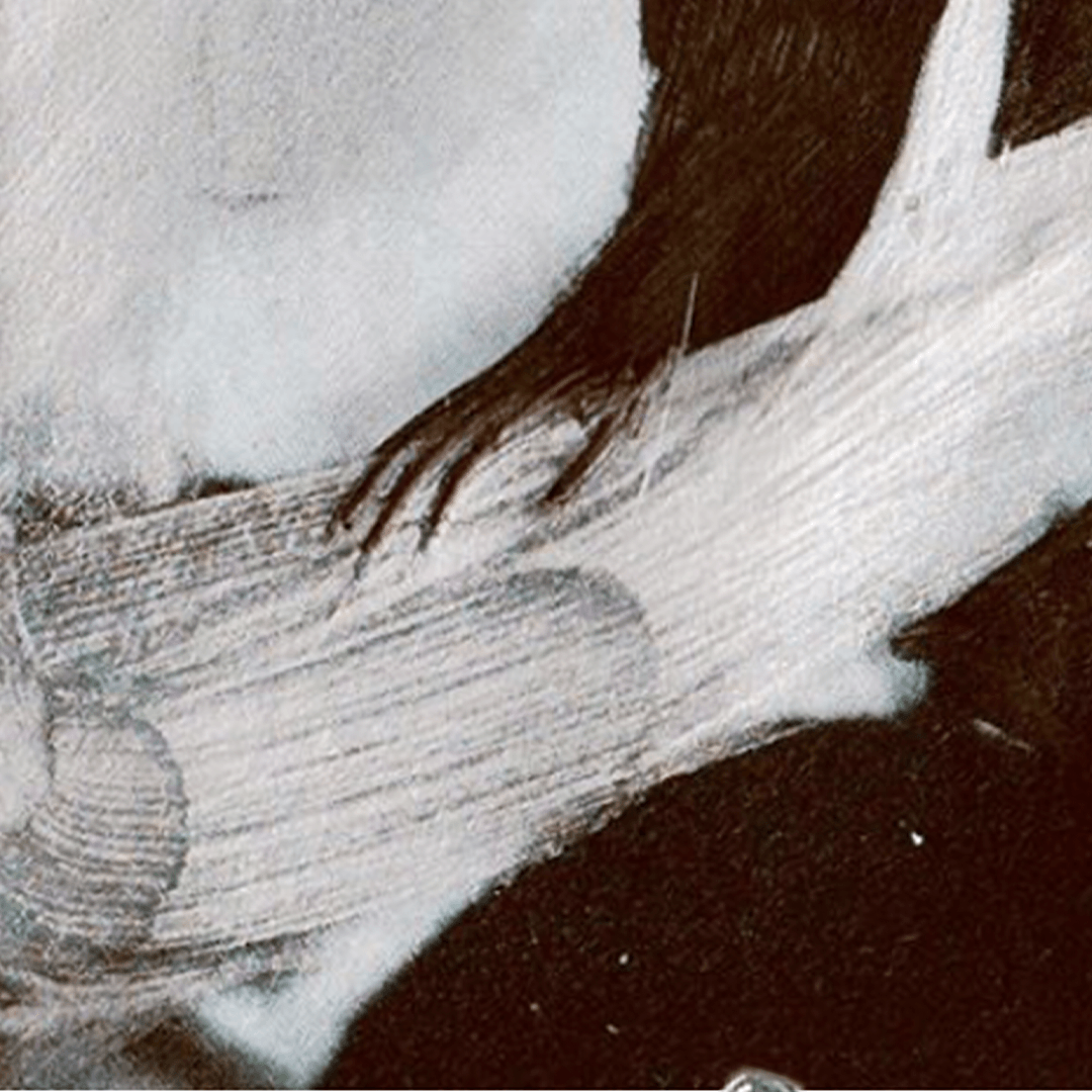 Black and white artwork of a hand reaching over a pale, textured object against a dark background.