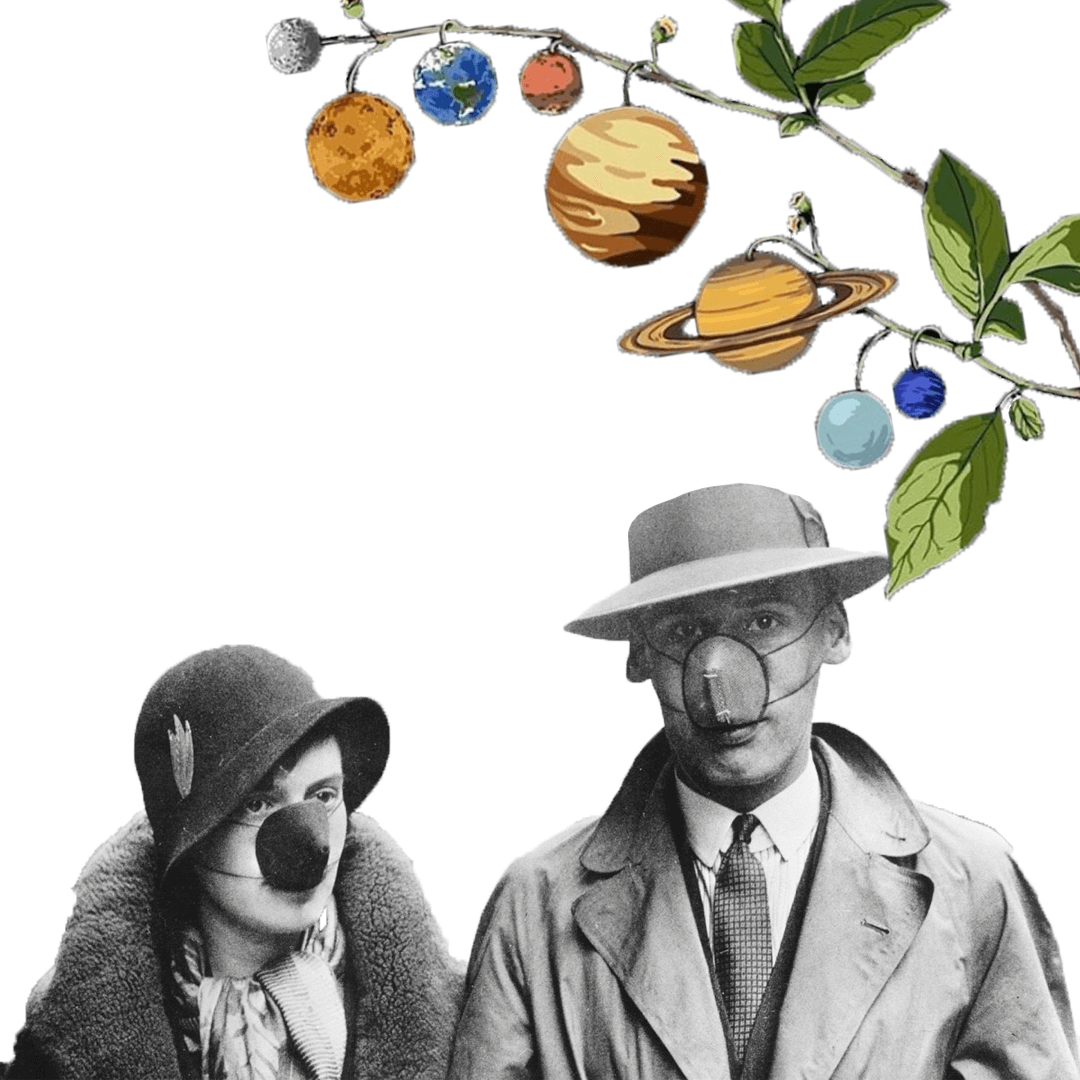 A black and white photo of a couple wearing masks, with planets hanging from a plant branch.