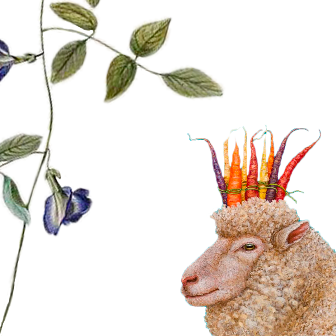 Sheep wearing a carrot crown, next to blue flowers and foliage.