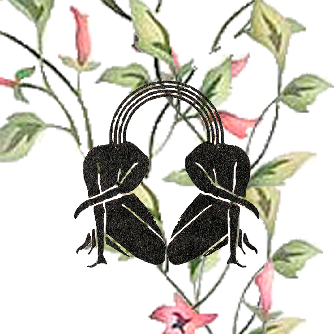 Two black figures in profile, intertwined, arched over by lines, with floral background.
