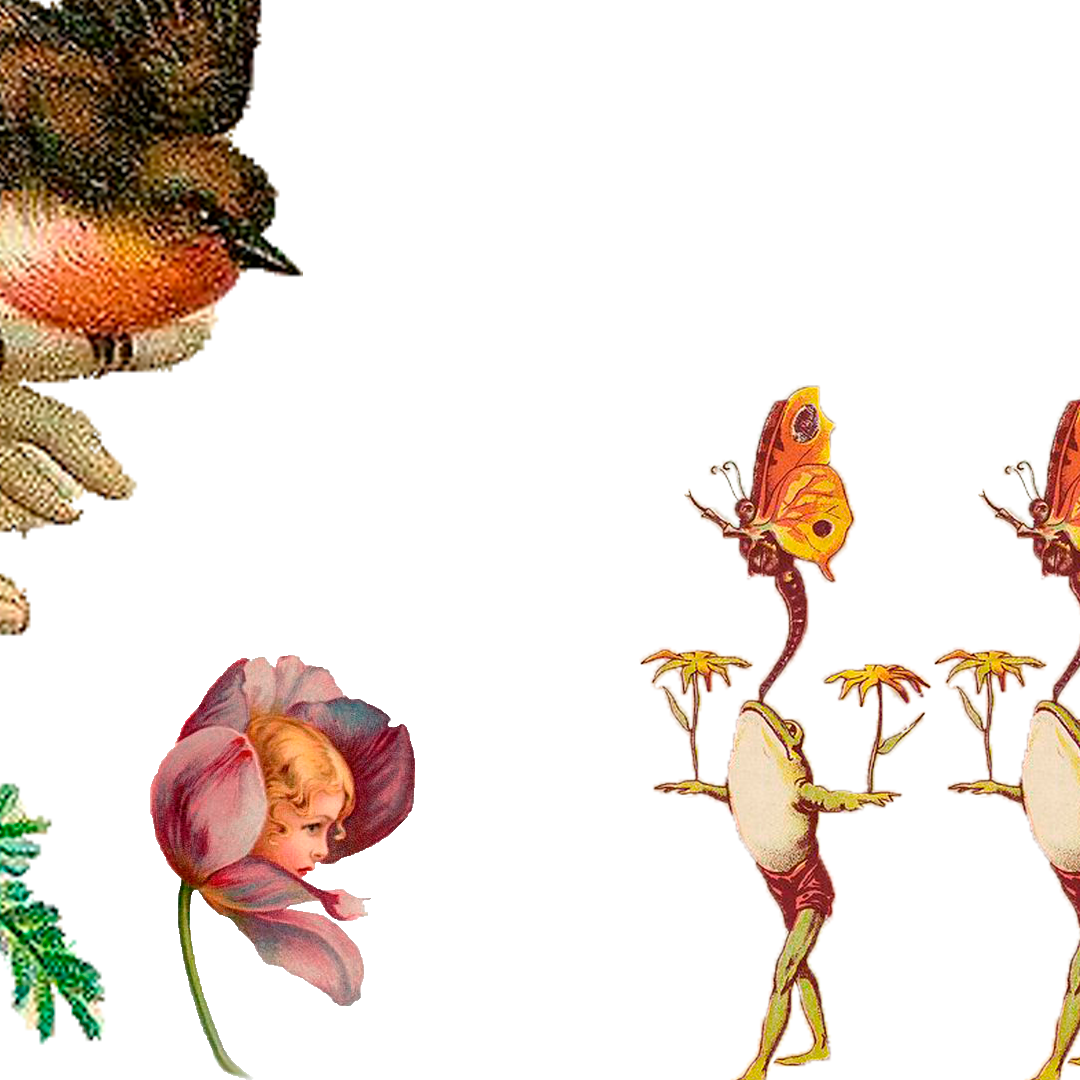 Bird, flower with child's face, and whimsical creatures holding flowers and butterflies, on white.