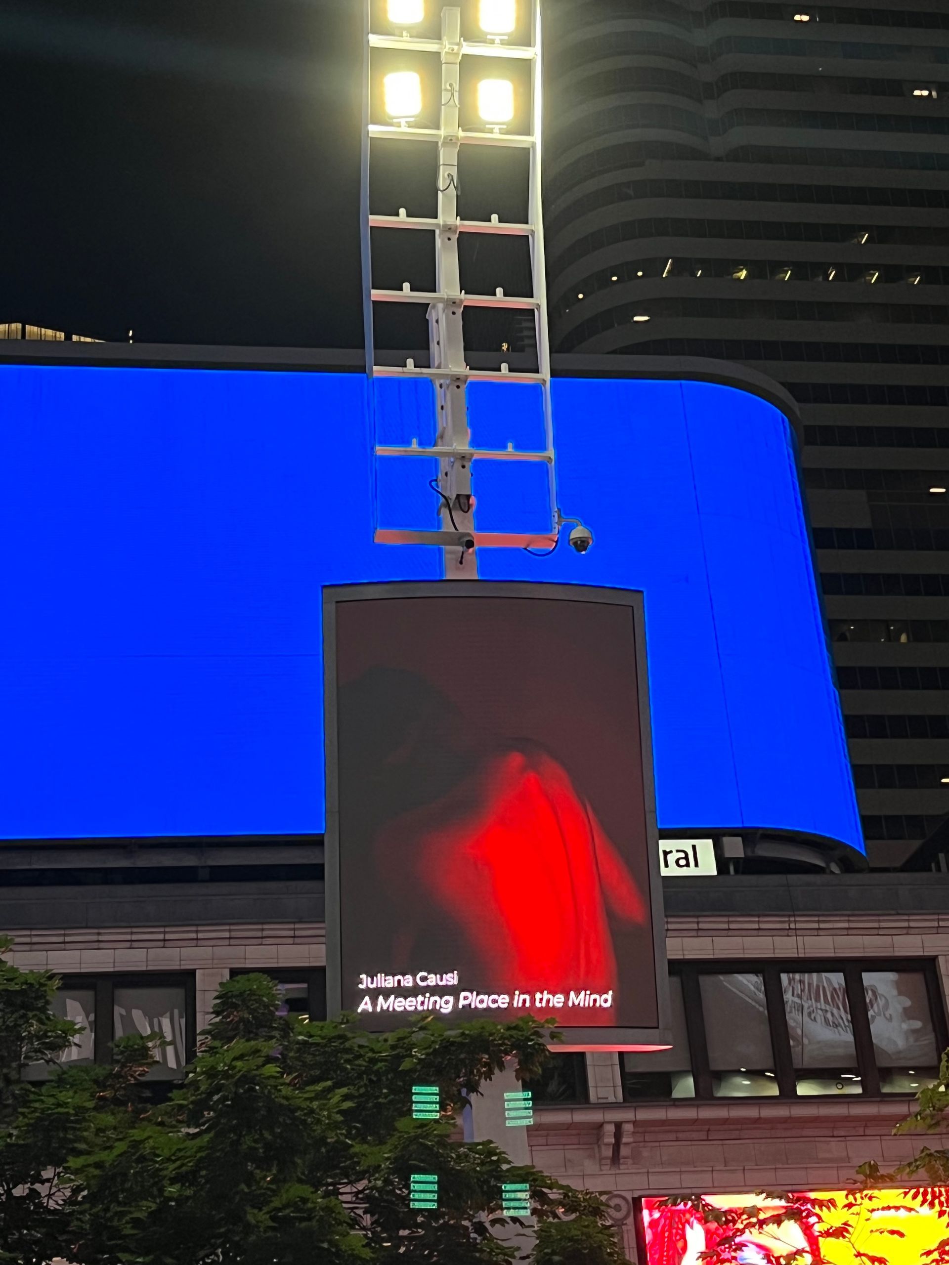 A large billboard of a image of a woman's back with a blue screen behind it.