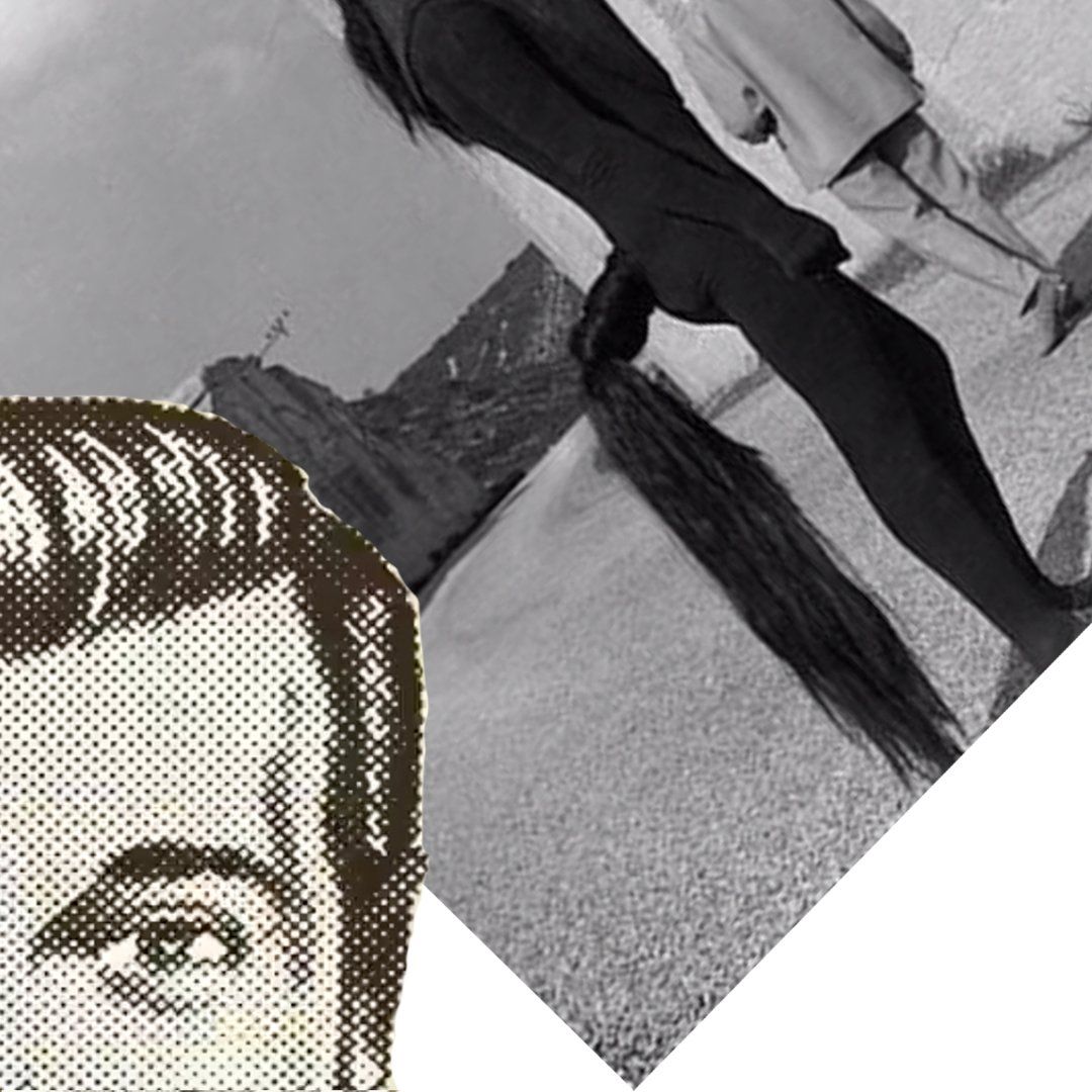 Collage of a person's legs, a man's face, and a distant mountain landscape, all in black and white.