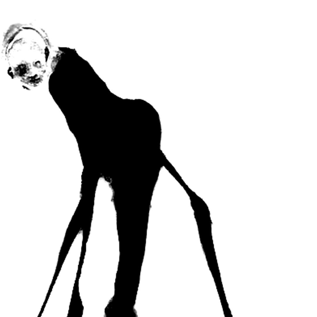 Silhouette of a distorted figure with an elongated neck, bending over with long, thin legs; white face.