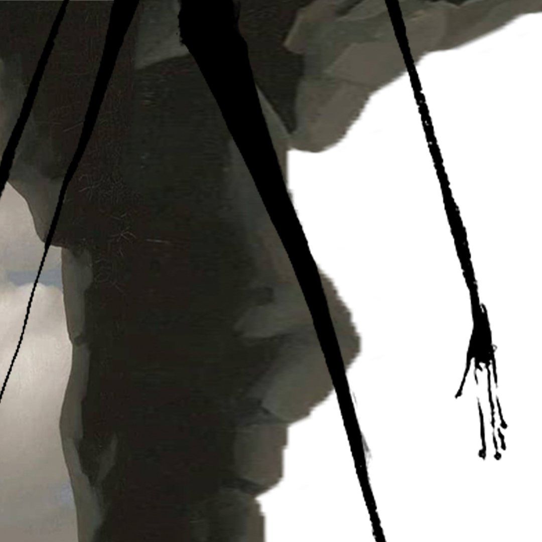 Dark humanoid form with black tendrils dripping down against a white backdrop.