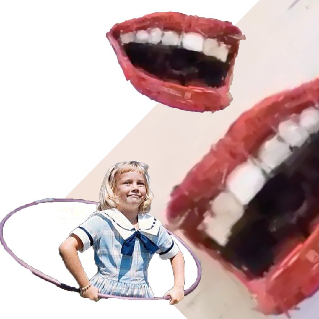 Girl in blue dress holding hula hoop, with two floating red open mouths.