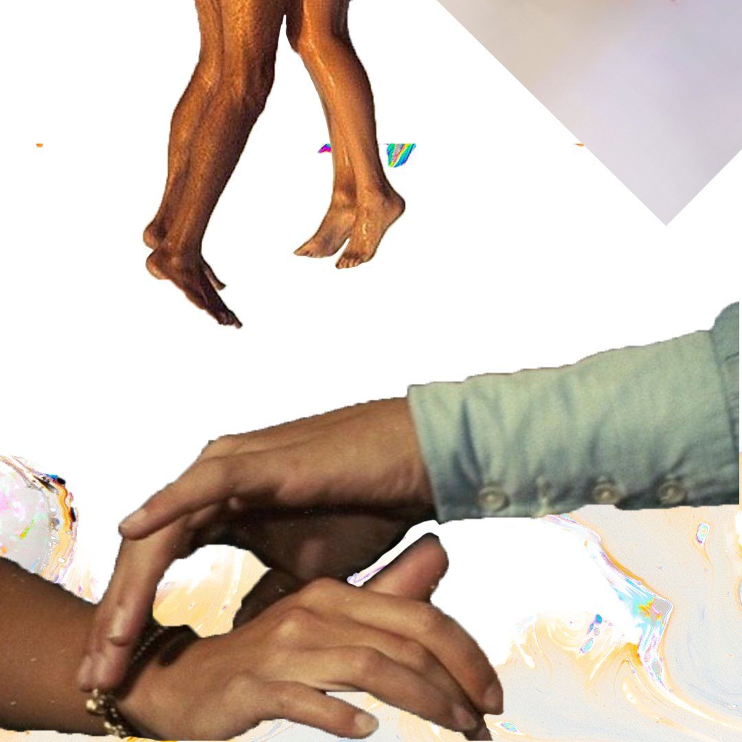 Human legs above, arms and hands below, interacting.
