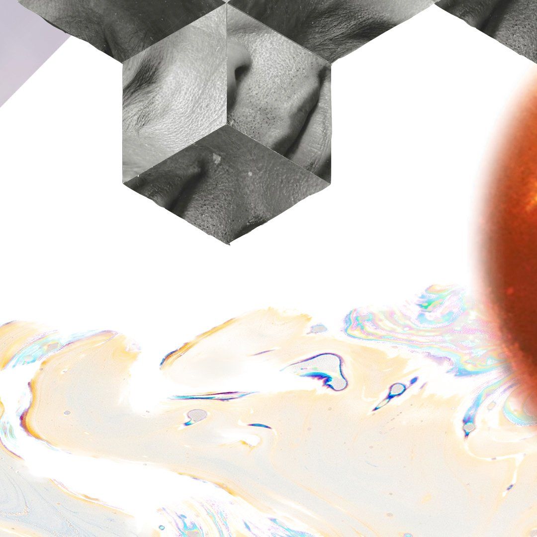 Abstract geometric design with grayscale honeycomb shapes and a blurred, colorful, liquid-like element.