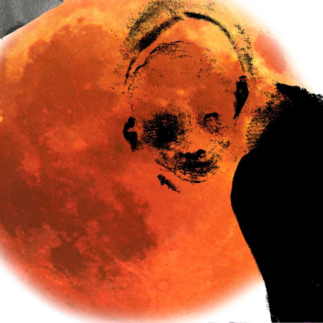 Creepy face overlayed on an orange, blood-like moon with black shading.
