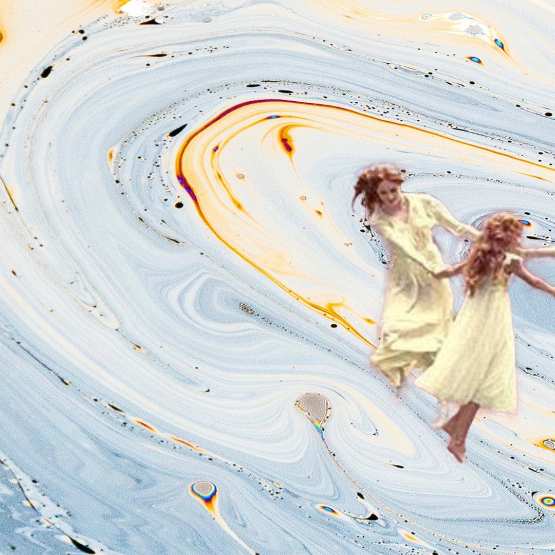 Two figures in light dresses float in a swirling, colorful abstract background.