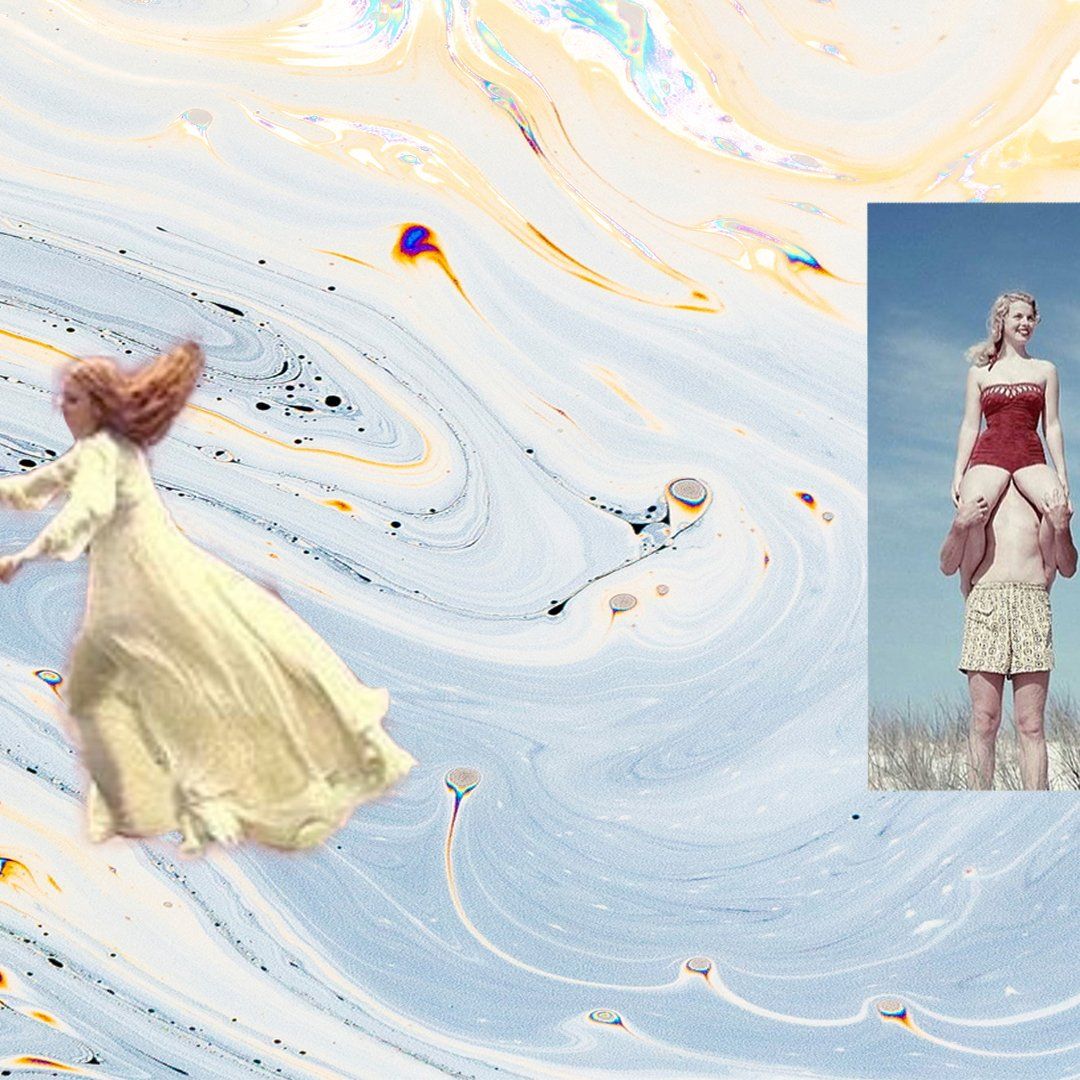 Woman in a flowing dress floats through a marbled blue and white pattern. A second woman stands atop a man in a field.