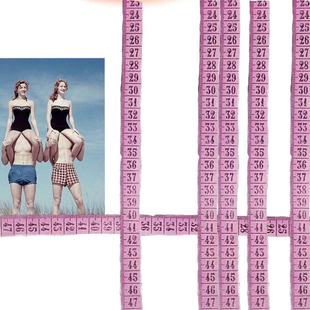 Two women are being carried on men's shoulders in a vintage photo, with pink measuring tapes framing them.