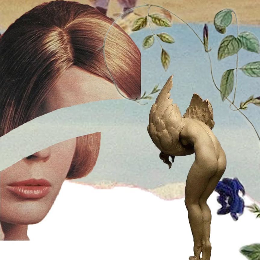 Collage: Woman's face partially obscured, nude winged figure bends over, blue flower, vine, light blue background.