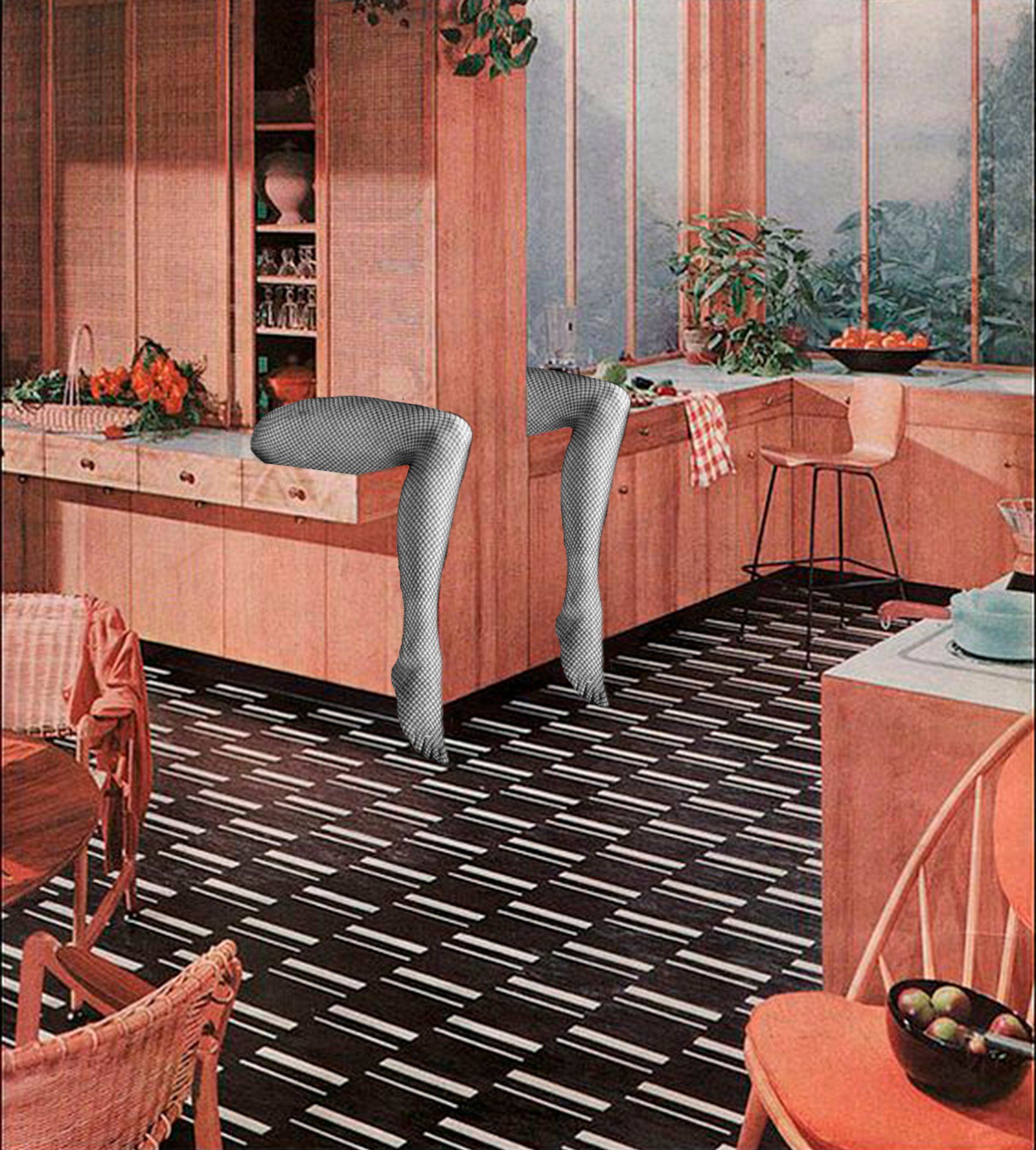 Kitchen with wooden cabinets, patterned floor, and two legs with patterned stockings.