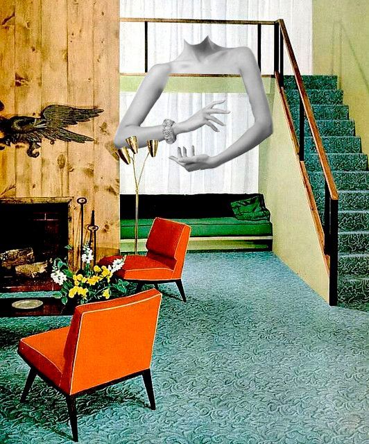 Retro living room with a faceless figure reaching out, orange chairs, and turquoise carpet.