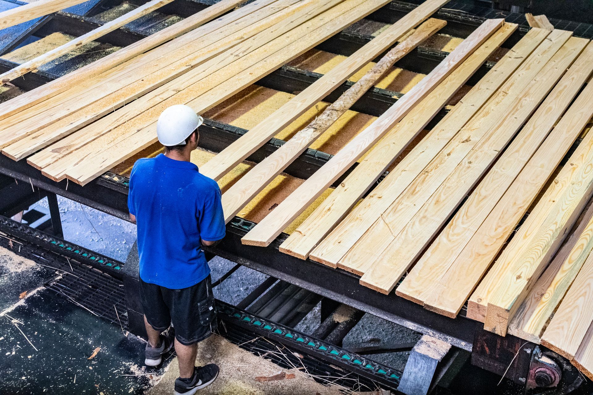 A man wearing a hard hat is standing in front of a pile of wood.