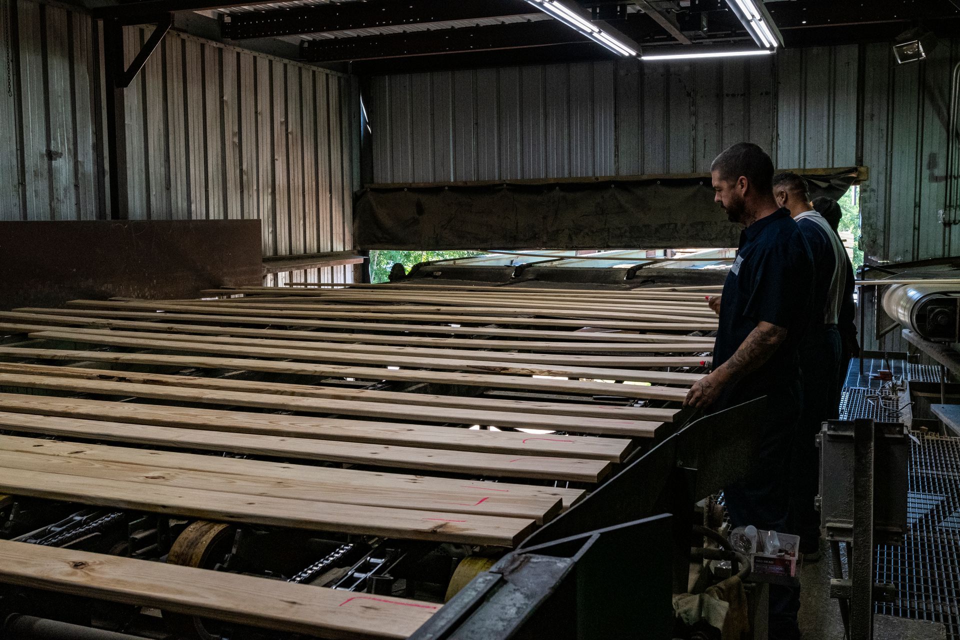 A man is standing in a room filled with wooden boards.