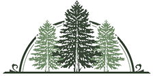 A drawing of three pine trees in a triangle on a white background.