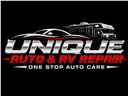 Unique Autobody & Paint ad with shop logo, service claims, photo of repair lot, and contact details