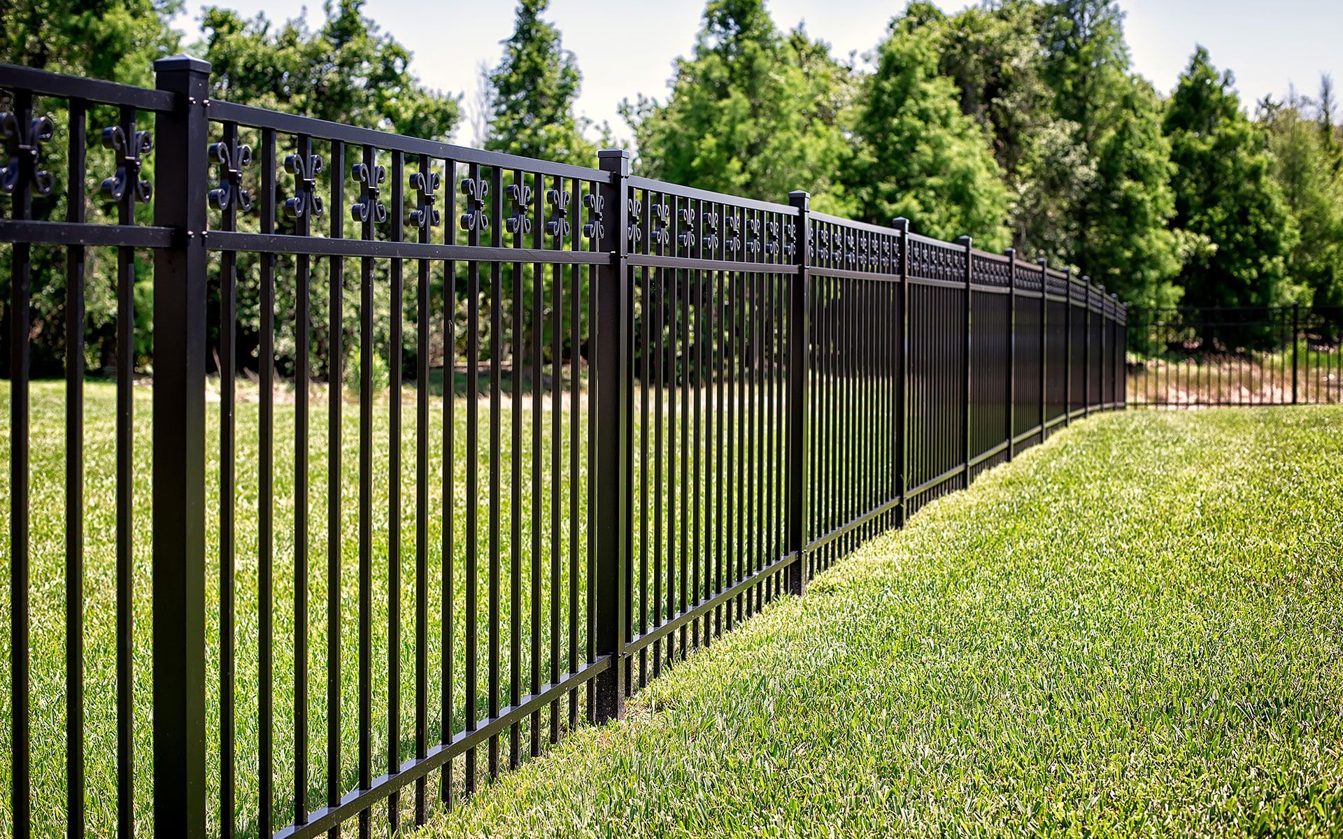 A black metal fence surrounds a lush green field.