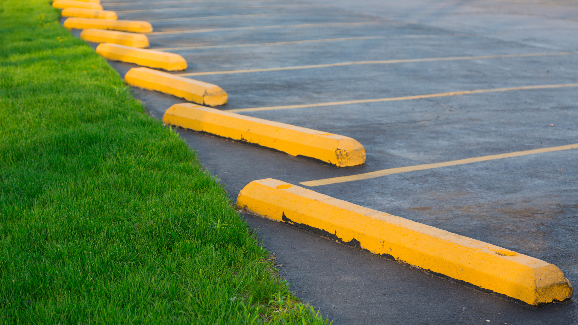 A row of cars are parked in a parking lot.